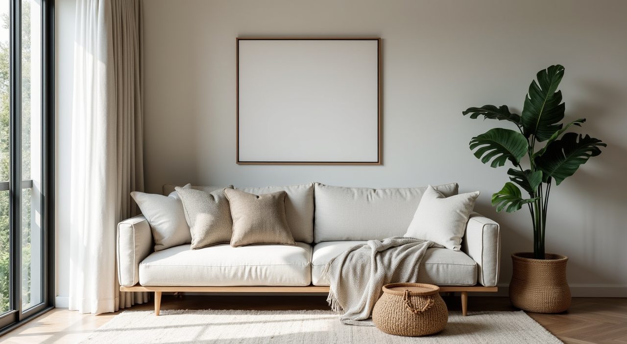 Modern luxury Singapore living room corner with boucle textures, fiddle leaf fig and framed art