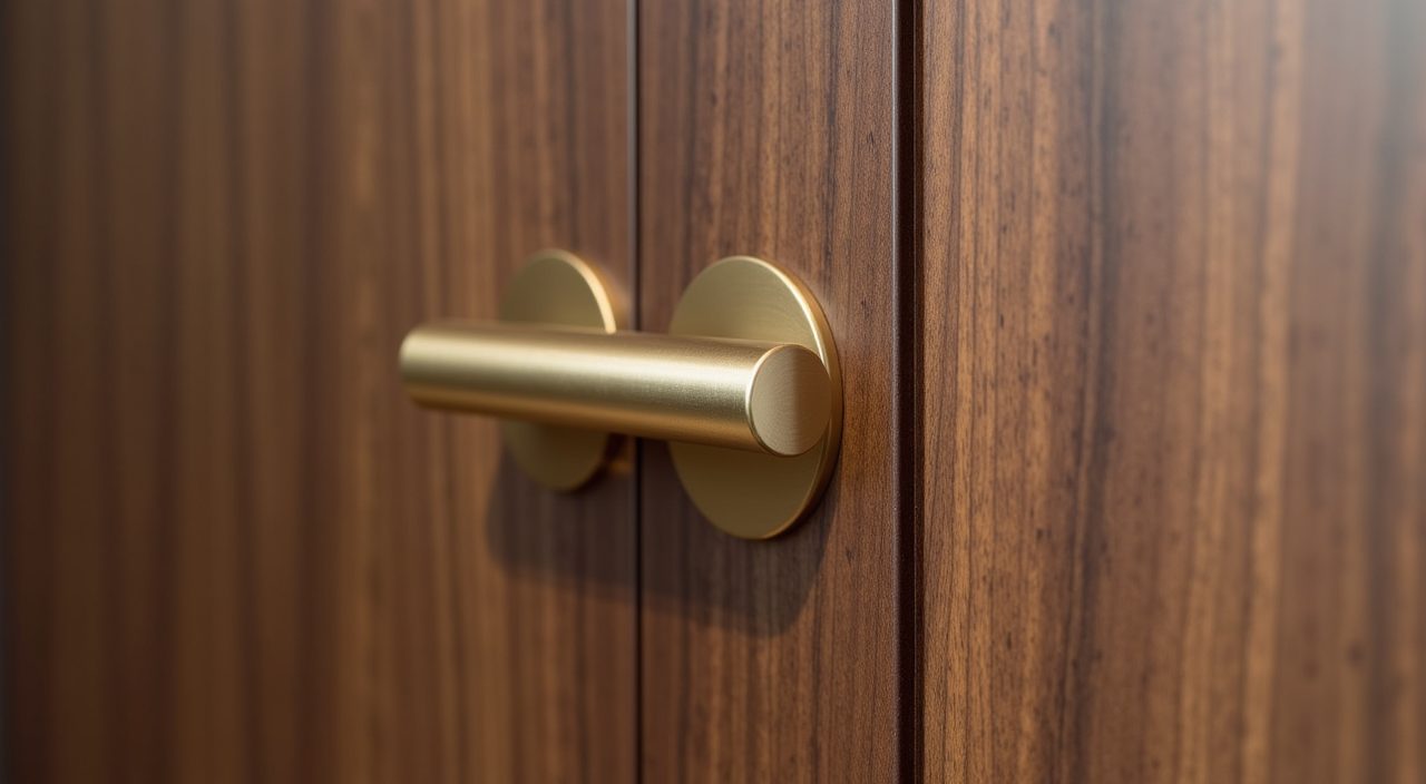 Modern luxury Singapore living room close up of brushed brass handle detail on walnut veneer