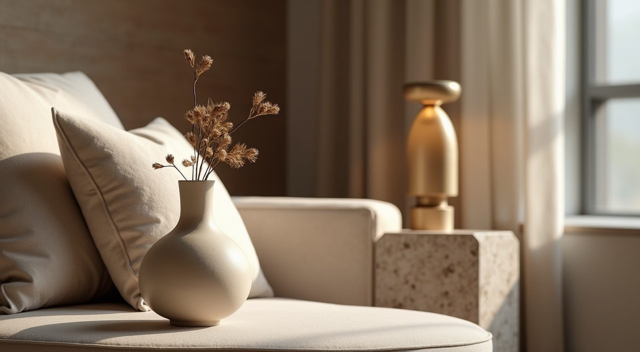 Modern luxury Singapore living room detail vignette with ceramic vase, linen cushion and brass lamp