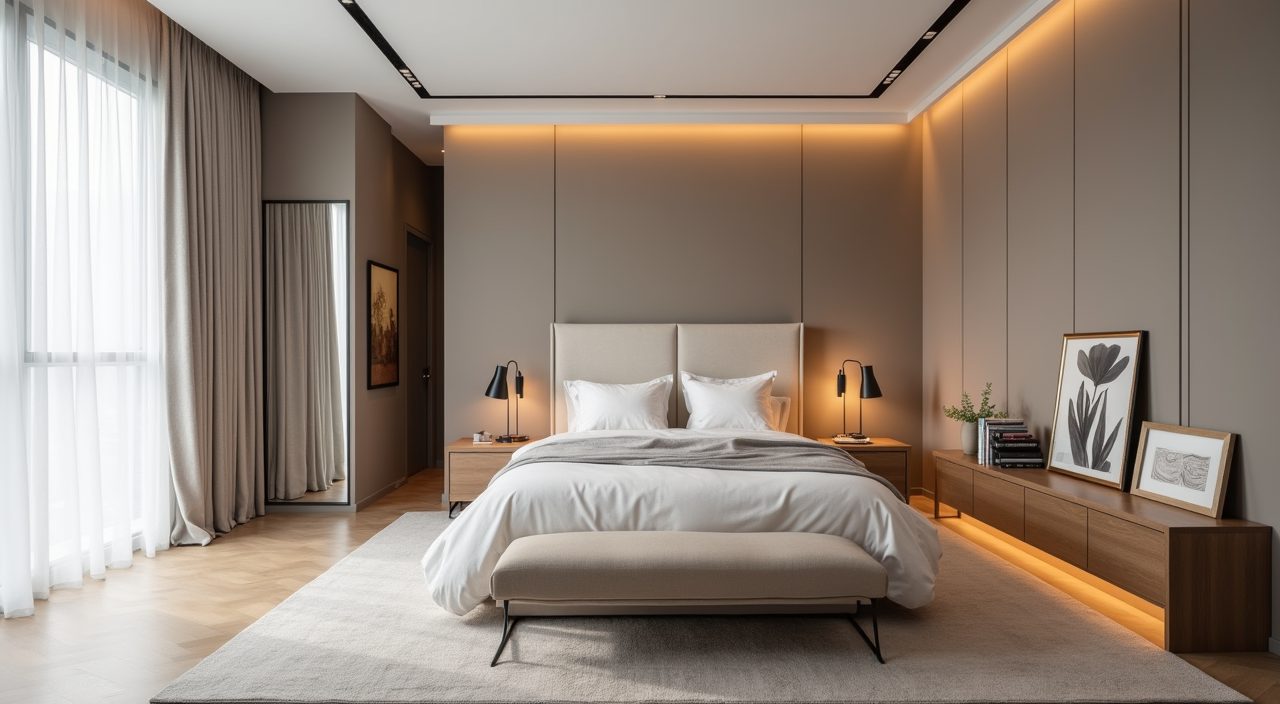 Modern luxury Singapore master bedroom in a layered warm neutral greige and taupe palette