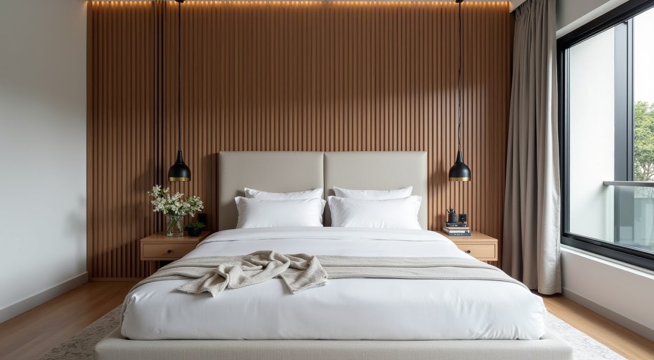 Modern luxury Singapore master bedroom with a fluted timber feature bed wall and linen headboard