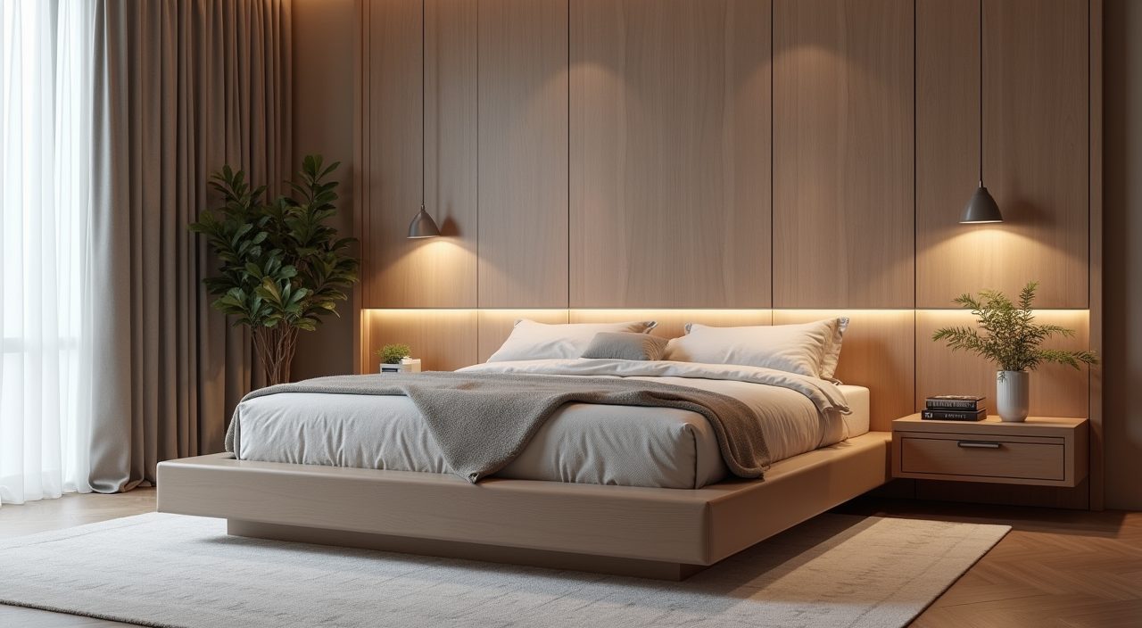 Platform bed with integrated bedside niche and under bed drawers in a modern luxury Singapore master bedroom
