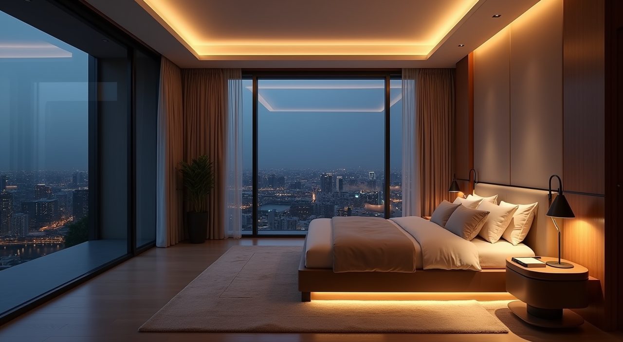 Modern luxury Singapore master bedroom at dusk with warm concealed lighting and a calm hotel mood