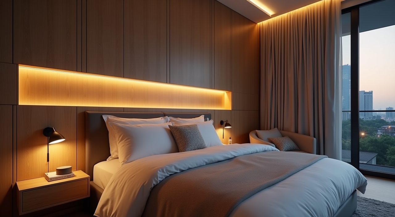 Layered warm cove and reading lighting detail in a modern luxury Singapore master bedroom