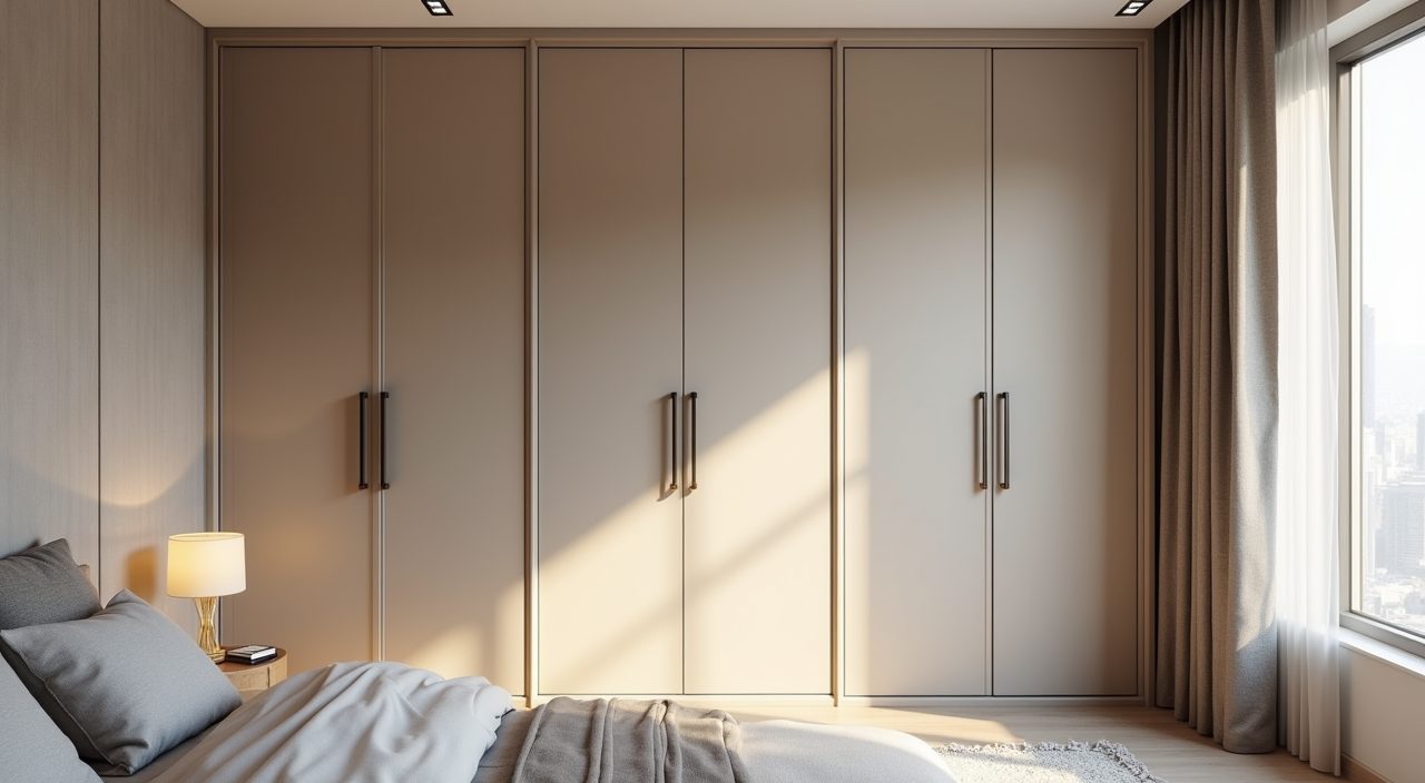 Full height built in handleless wardrobe in a modern luxury Singapore master bedroom