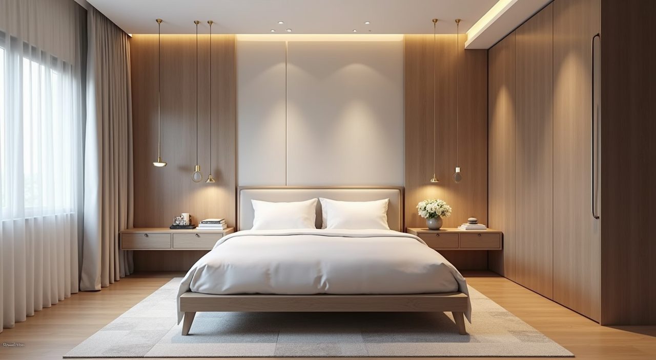 Compact modern luxury HDB master bedroom layout with queen bed and opposite wardrobe in Singapore