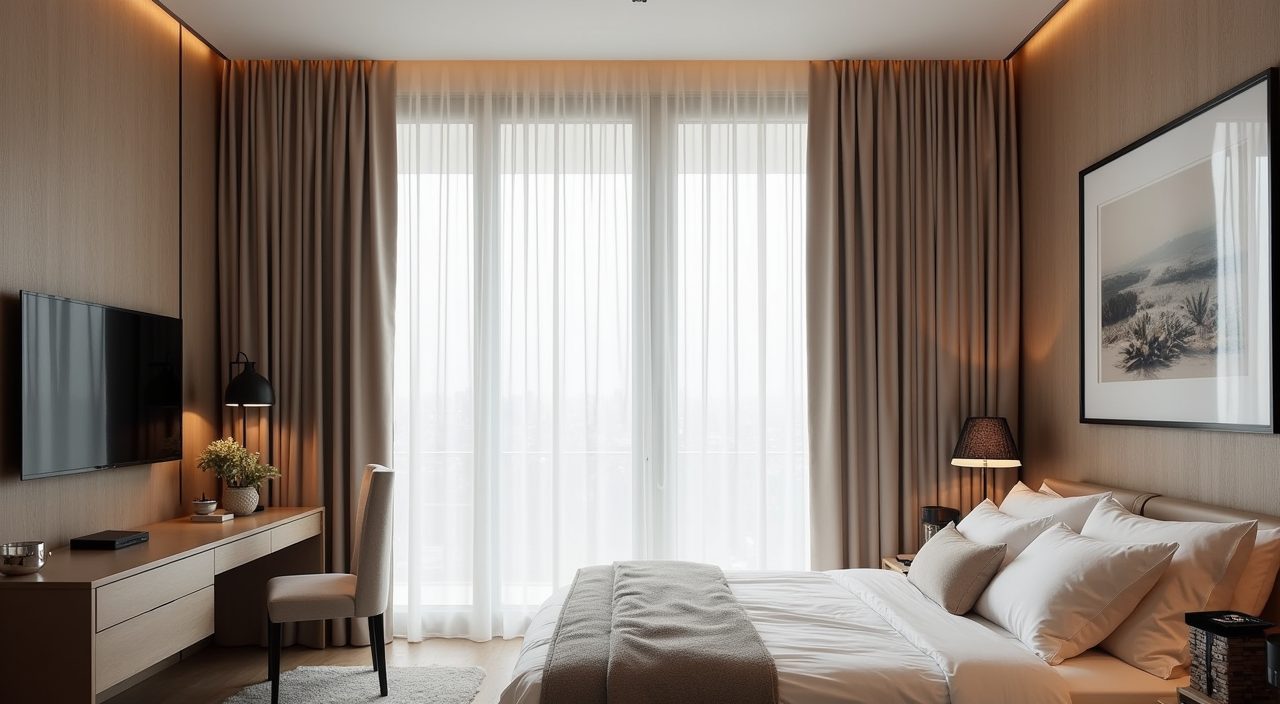 Floor to ceiling curtains in a ceiling recess controlling tropical light in a modern luxury Singapore bedroom