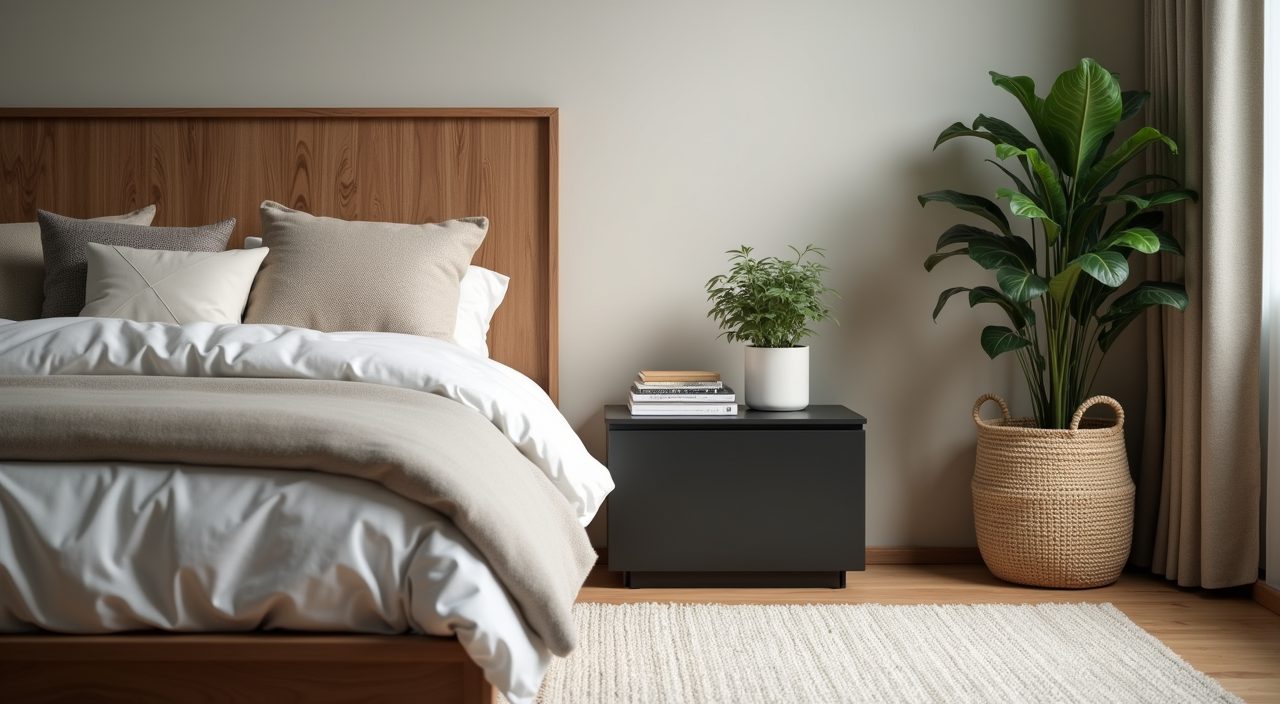 Warm styled corner with rug, greenery and objects in a modern luxury Singapore master bedroom