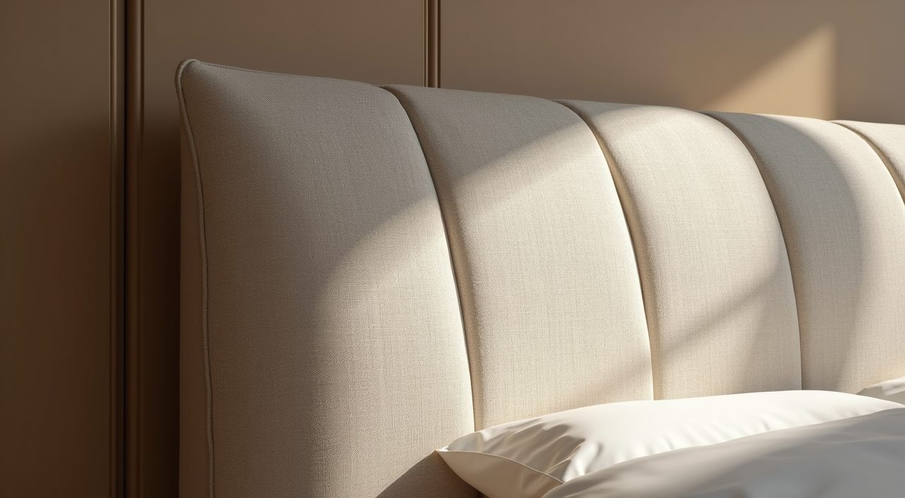 Close up of a warm greige linen upholstered headboard in a modern luxury Singapore master bedroom