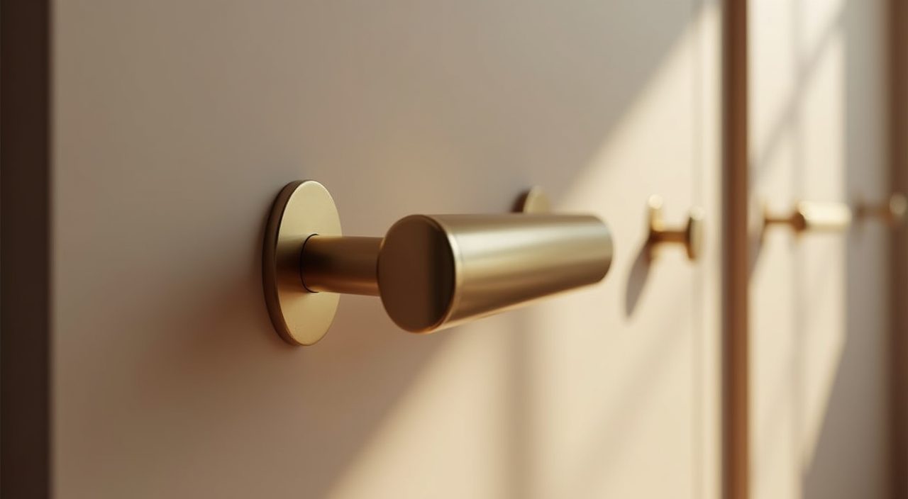 Detail of matching brushed brass hardware and fittings in a modern luxury Singapore master bedroom
