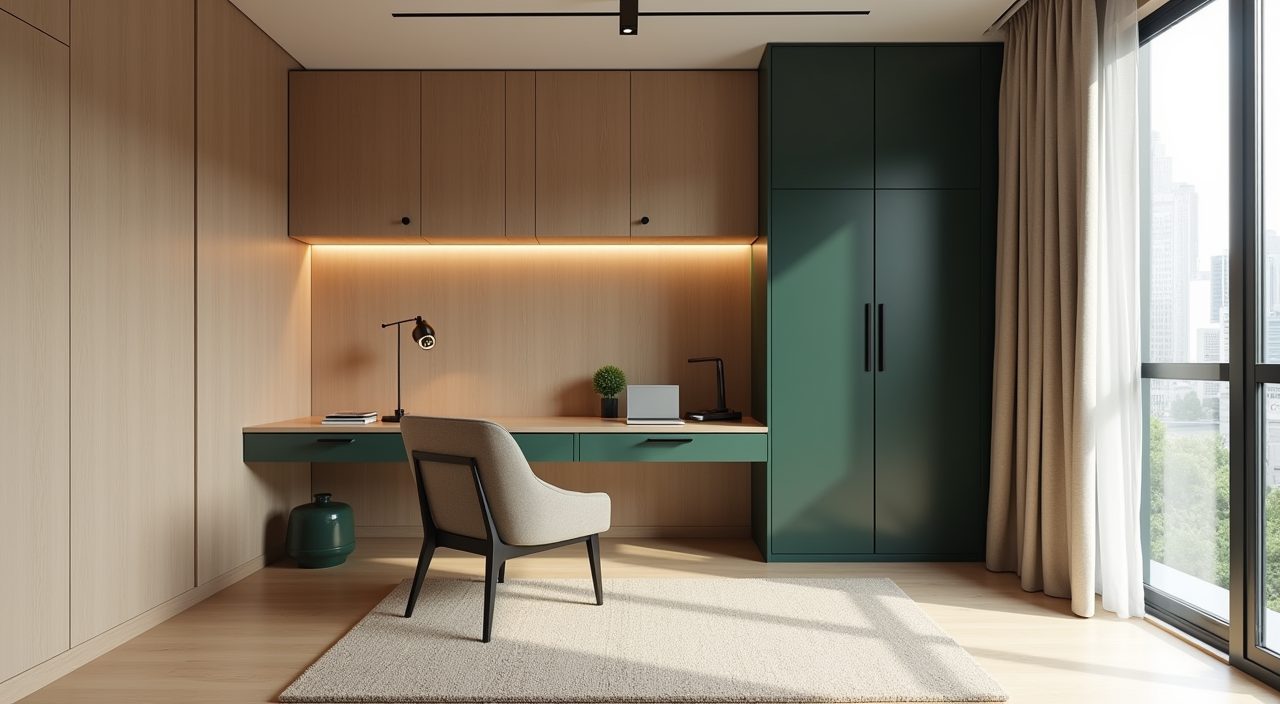 Modern luxury Singapore study room with warm greige walls and one deep green accent cabinet