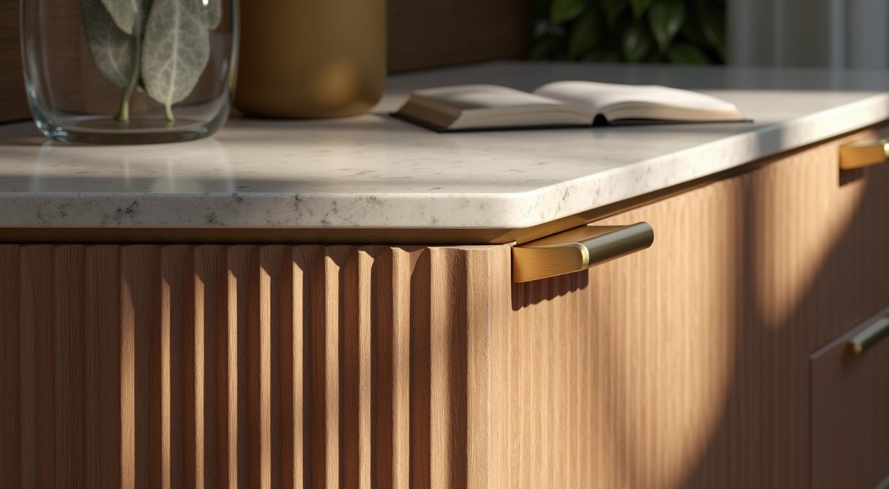 Modern luxury study material detail with fluted timber veneer, sintered stone top and brushed brass handle