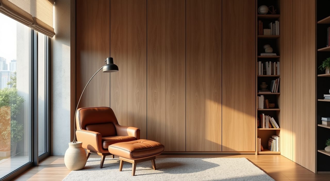 Modern luxury Singapore study reading nook with leather chair, floor lamp and linen blind
