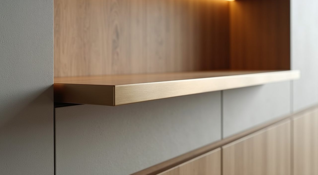 Modern luxury Singapore study finish detail with microcement wall, bronze bracket and oat cabinet edge