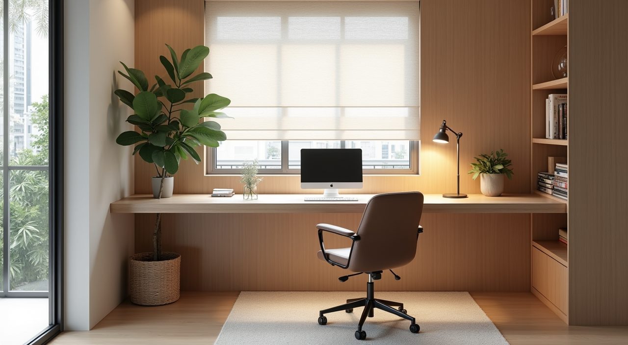 Modern luxury Singapore study desk placed for side natural light beside a linen blind window