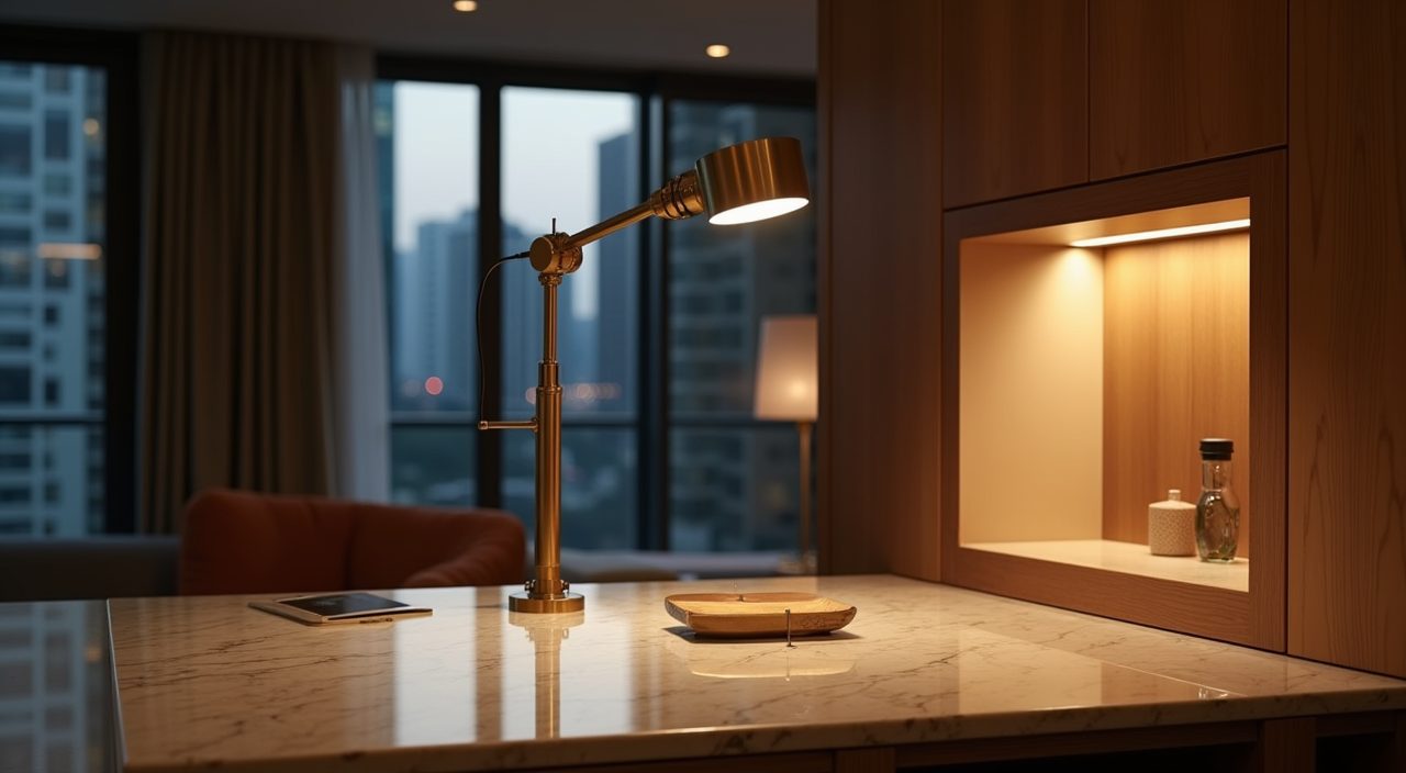 Modern luxury Singapore study layered lighting with recessed downlights, brass desk lamp and LED niche strip