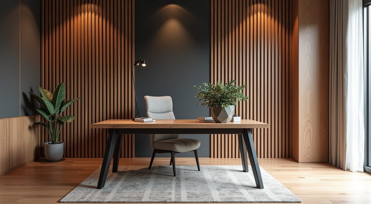 Modern luxury Singapore study slatted timber acoustic feature wall behind the desk
