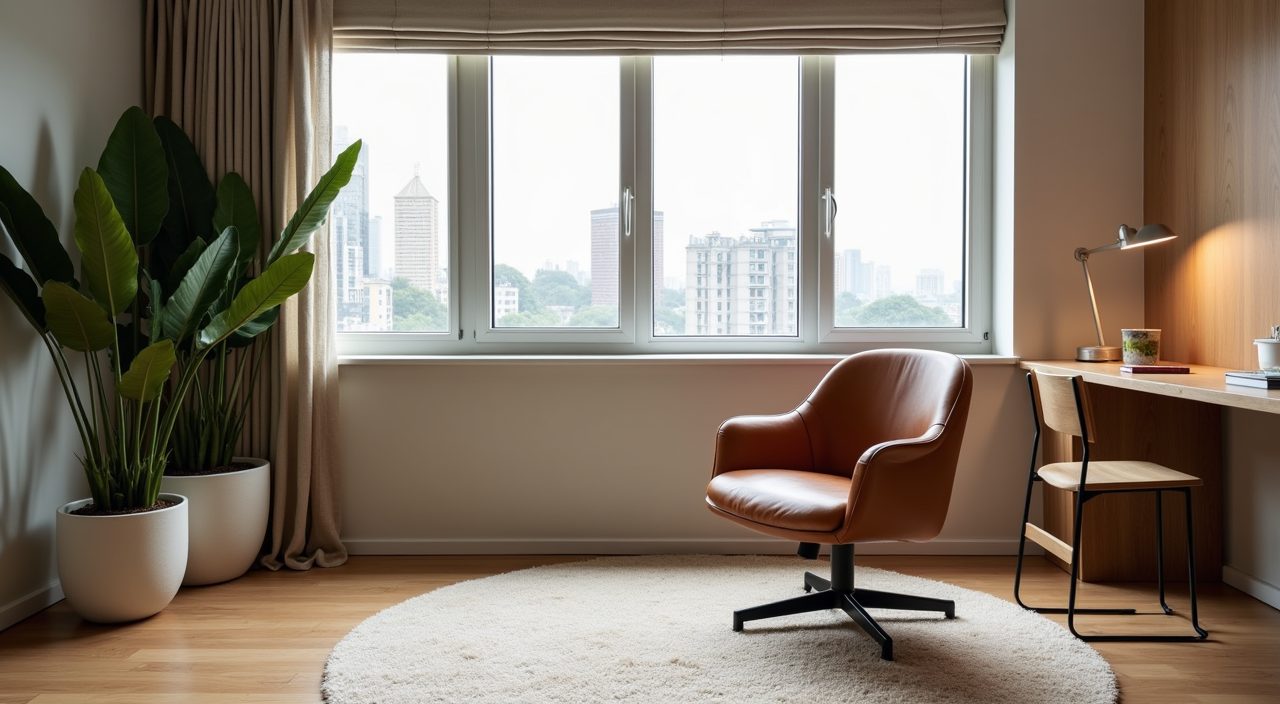 Modern luxury Singapore study corner with snake plant, wool rug and leather task chair