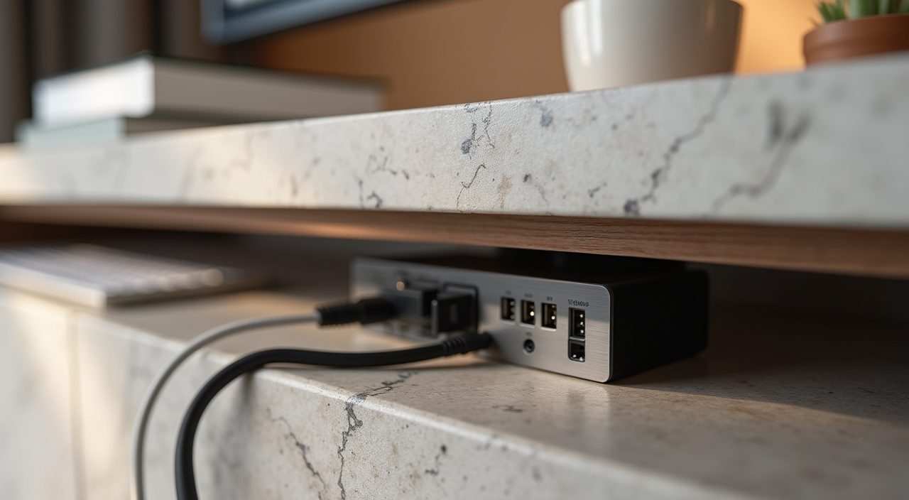 Modern luxury Singapore study integrated desk power and USB module with hidden cable channel