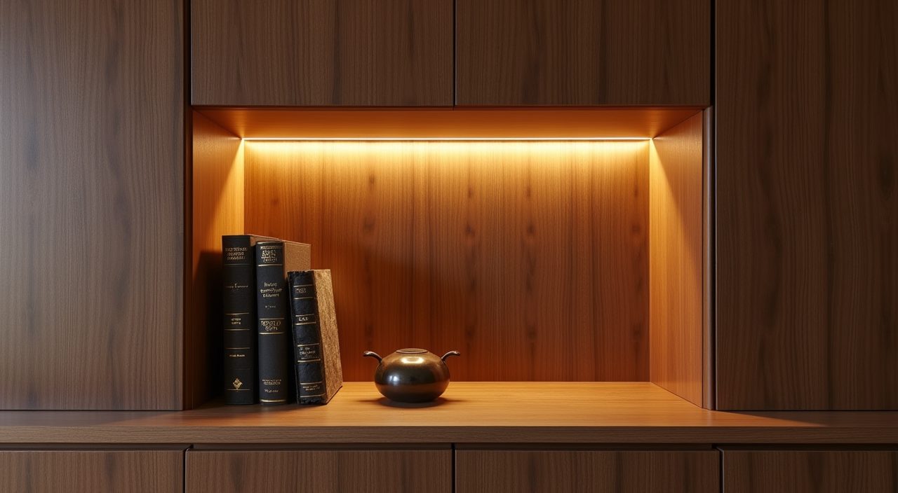 Modern luxury Singapore study LED-lit display niche with walnut backing and bronze object