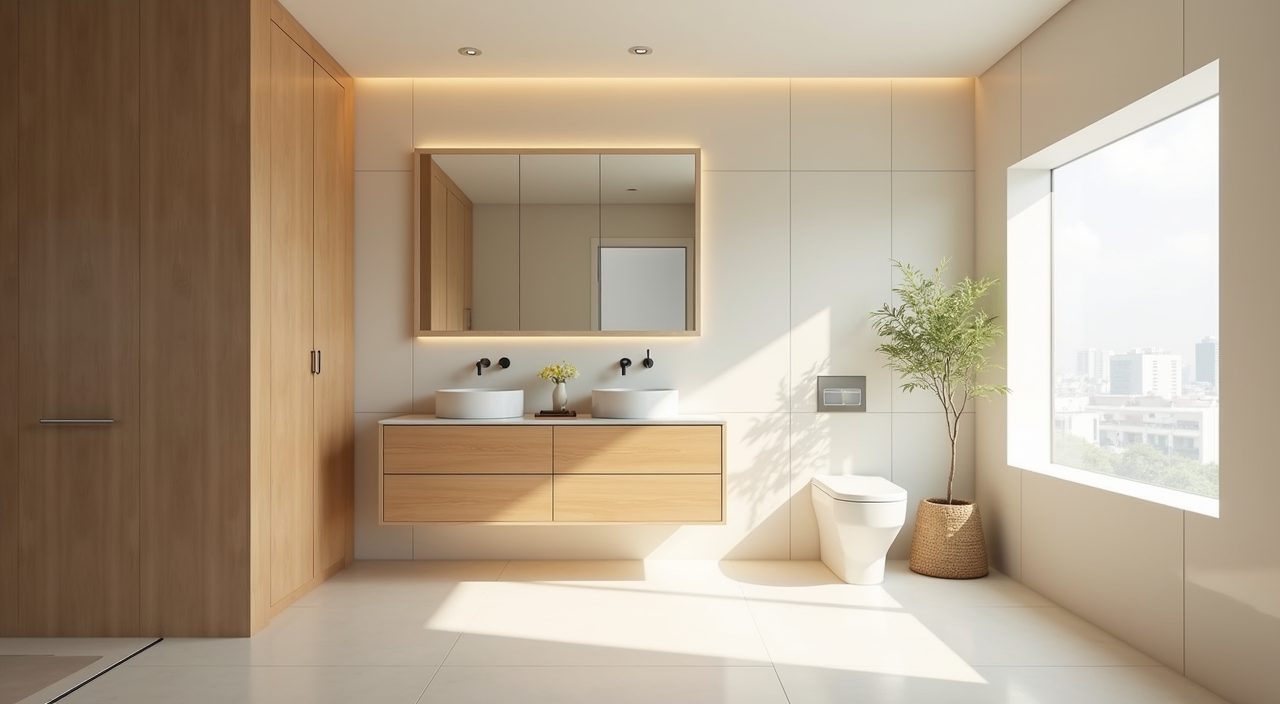 Muji Japanese Singapore HDB bathroom with warm off-white walls and light oak vanity palette