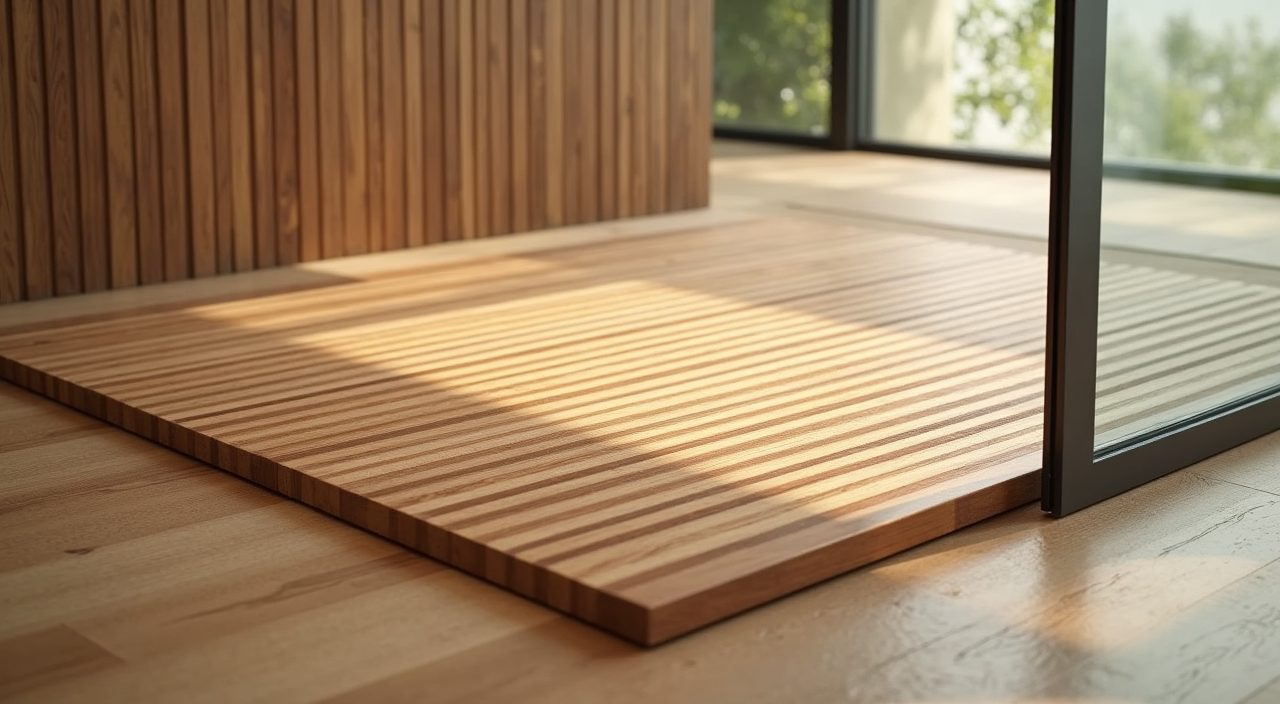 Teak duckboard mat at the shower entry in a Muji Japanese Singapore bathroom
