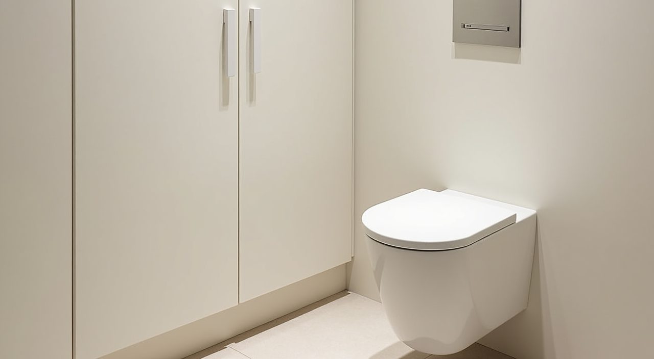 Corner nook with slim tall cabinet and wall-hung toilet in a Muji Japanese Singapore bathroom