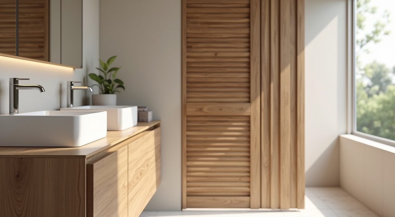Warm wood-look laminate vanity fronts and slatted timber screen in a Muji Singapore bathroom