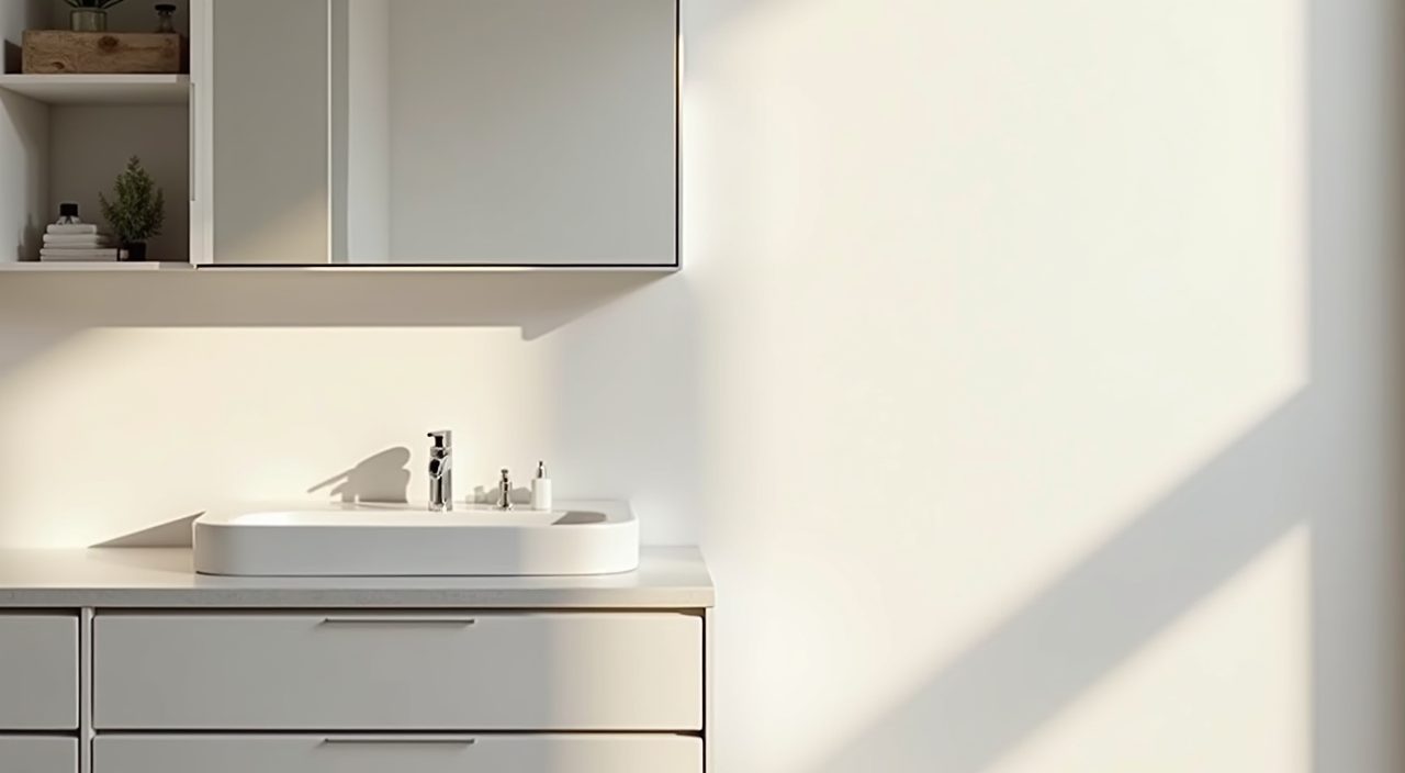 Concealed handleless mirror cabinet and flush drawers keeping a Muji Singapore bathroom counter clear