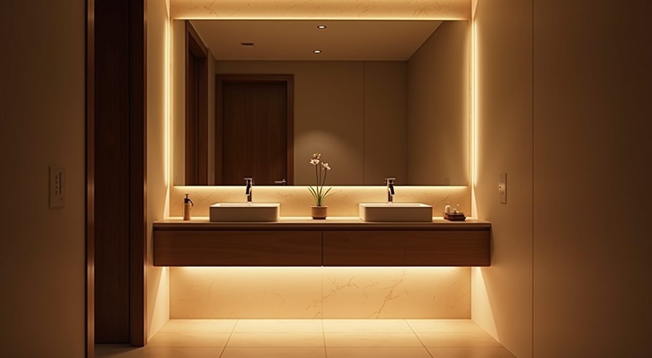 Warm layered lighting with under-vanity LED strip in a Muji Japanese Singapore bathroom