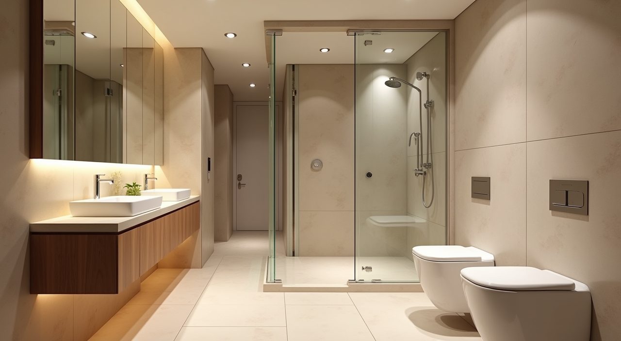 Wet-and-dry split with frameless glass panel in a Muji Japanese Singapore condo bathroom