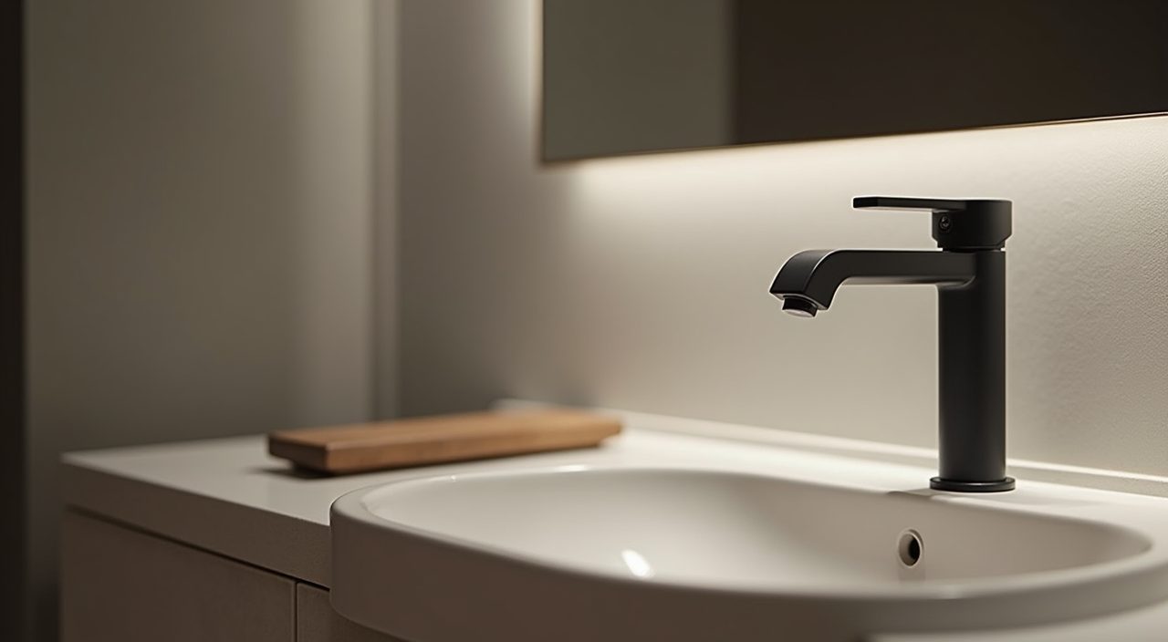 Matte black slim tap and rounded basin on a wall-hung vanity in a Muji Singapore bathroom