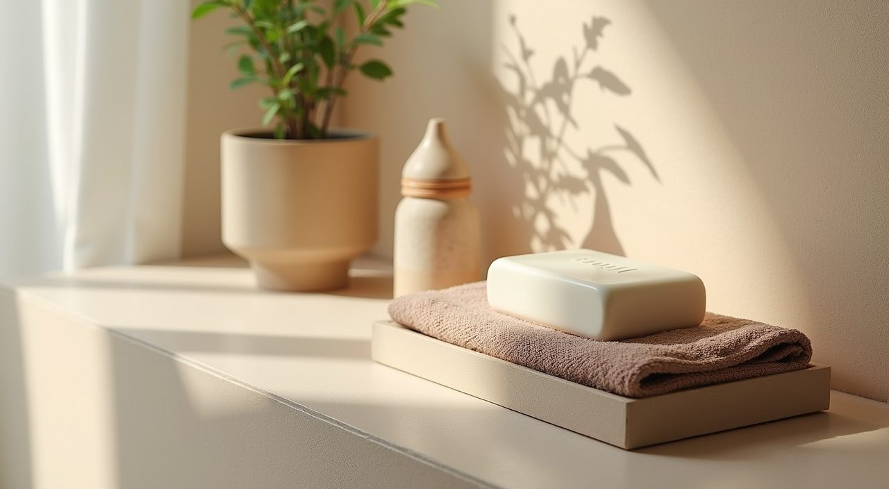 Natural tactile touches with ceramic tray, waffle towel and fern in a Muji Singapore bathroom