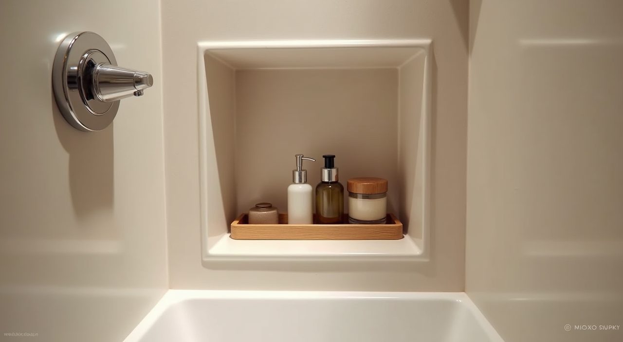 Recessed wood-look porcelain shower niche in a Muji Japanese Singapore HDB bathroom
