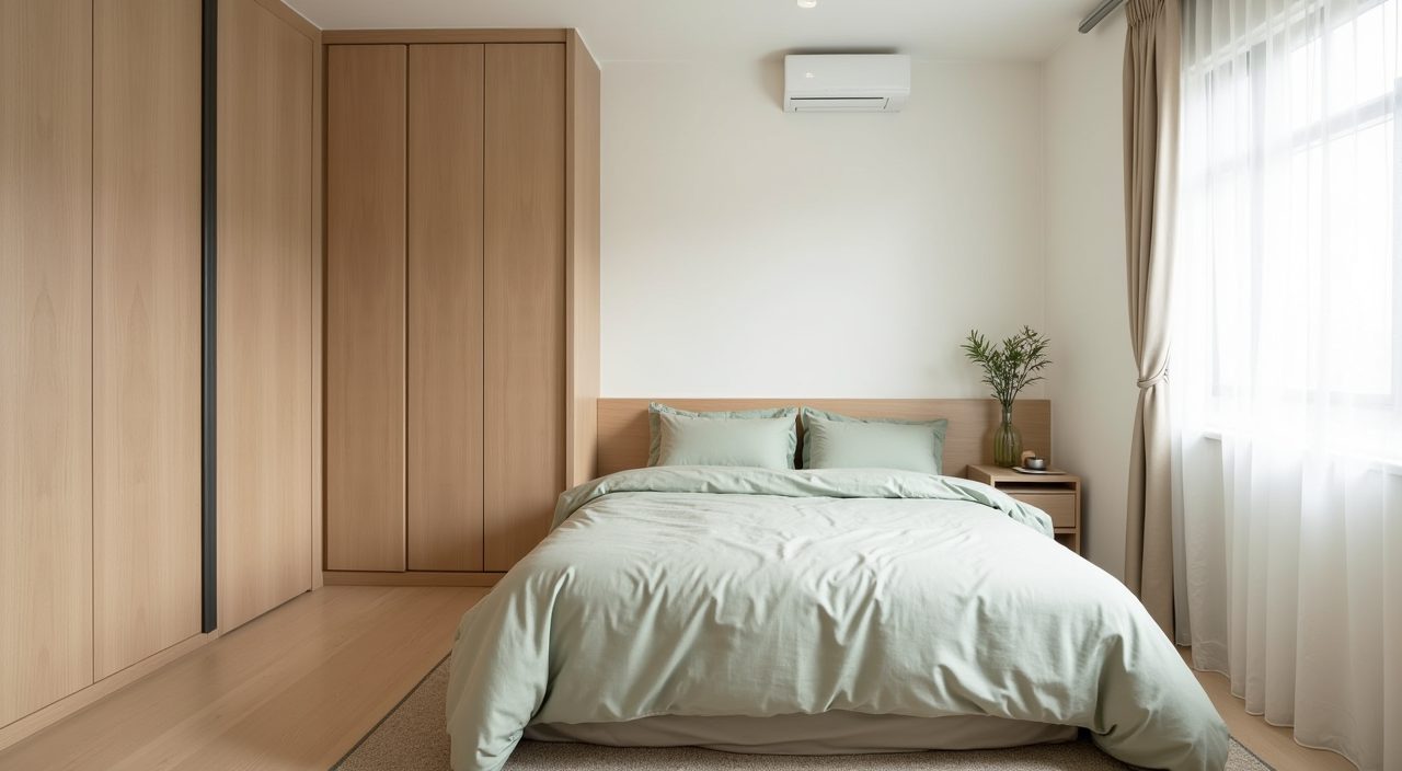 Muji Japanese bedroom in a Singapore HDB flat with a warm neutral palette of off white walls and light oak