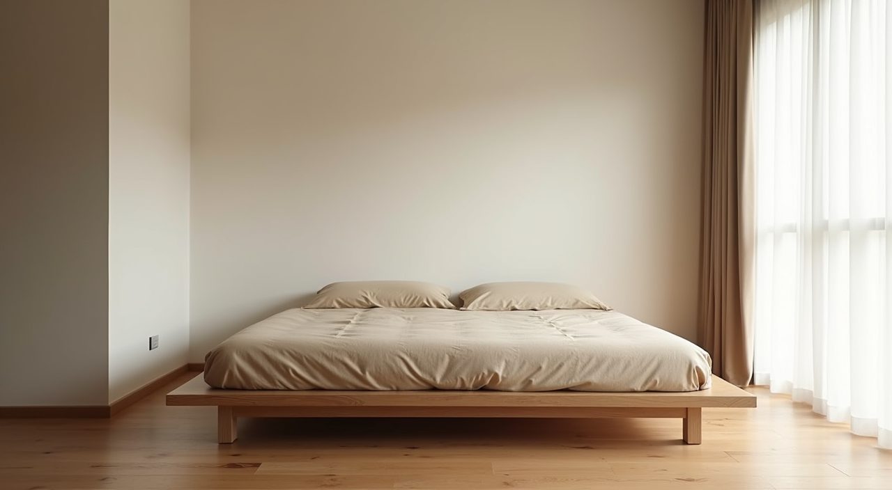 Low light oak platform bed in a Muji Japanese Singapore bedroom lowering the visual line