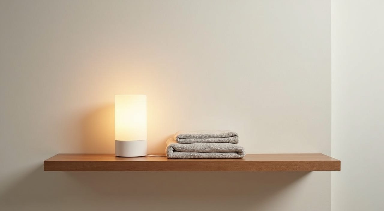 Floating oak nightstand and warm reading lamp detail in a Muji Japanese Singapore bedroom