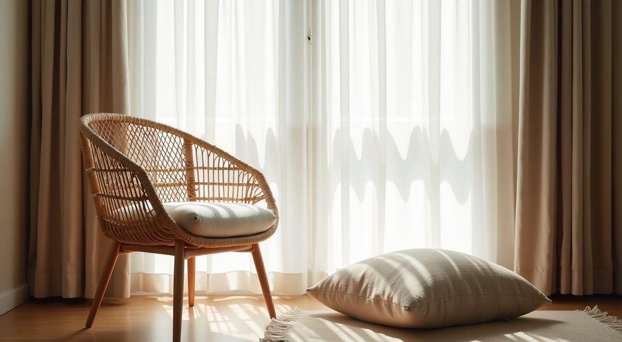 Reading nook with rattan chair and linen curtain in a Muji Japanese Singapore bedroom