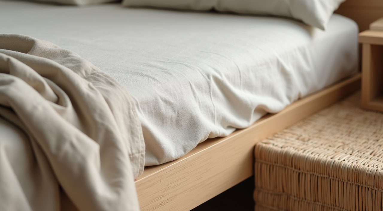 Close up of linen bedding, light oak and rattan materials in a Muji Japanese Singapore bedroom