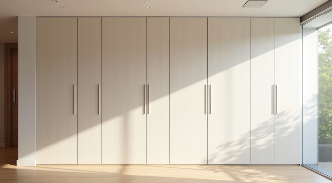 Full height handleless built in wardrobe in a Muji Japanese Singapore bedroom for concealed storage