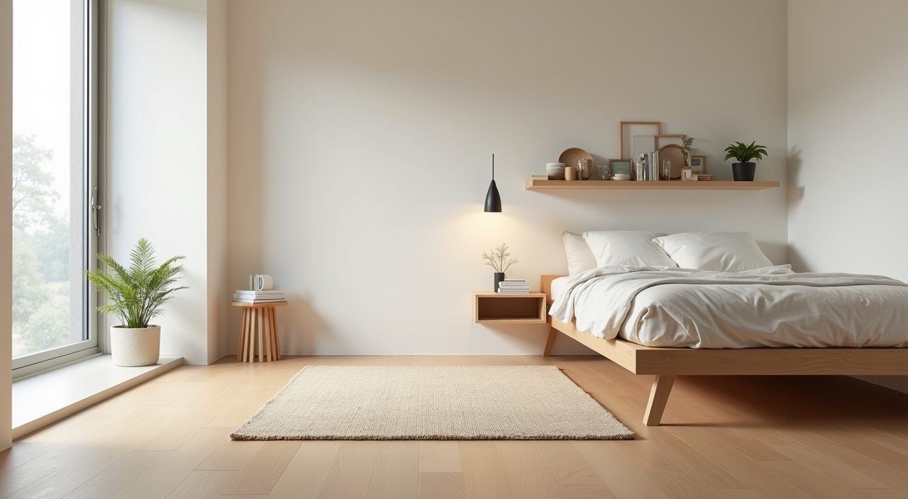 Clear warm light oak floor with floating nightstand in a Muji Japanese Singapore bedroom