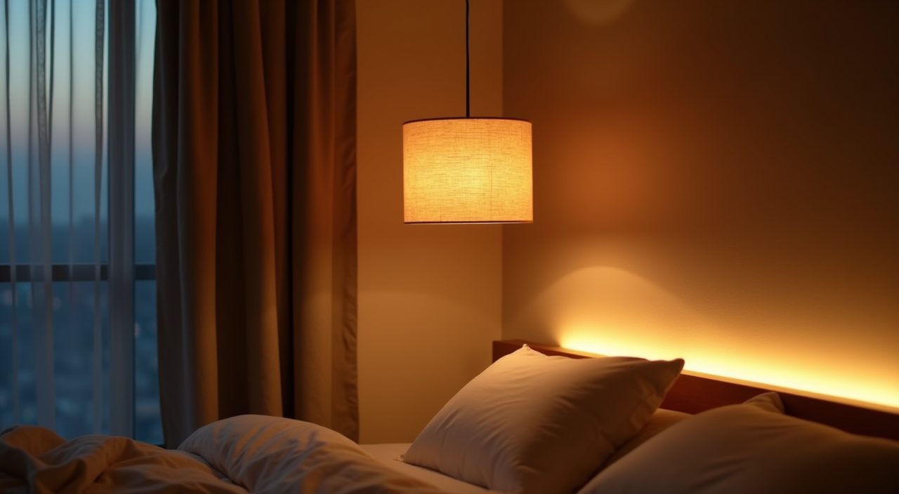 Soft layered warm lighting with paper shade and hidden LED strip in a Muji Japanese Singapore bedroom