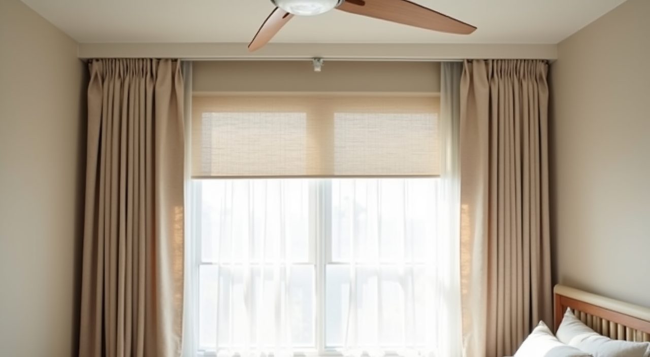 Linen curtains, roller blind and ceiling fan for climate control in a Muji Japanese Singapore bedroom