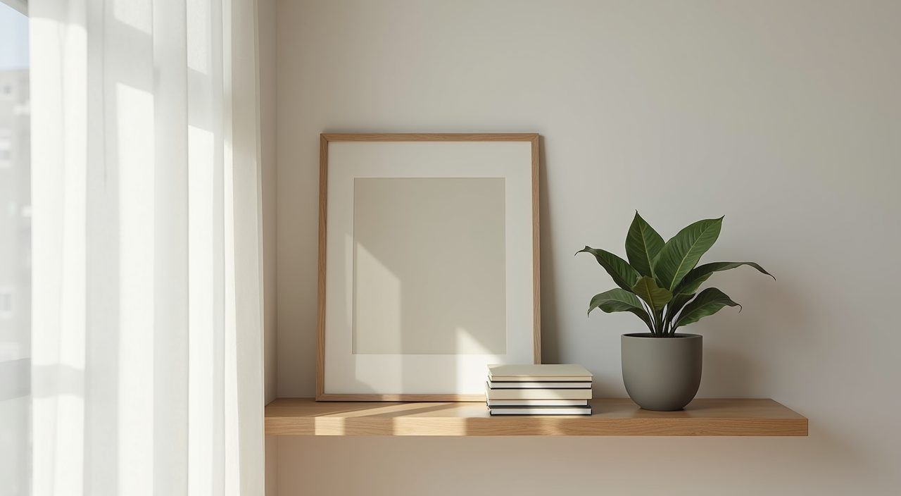 Snake plant, books and calm art styled on a shelf in a Muji Japanese Singapore bedroom corner