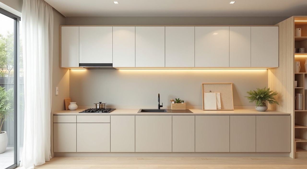 Muji Japanese kitchen in a Singapore HDB flat with off white cabinets and pale oak lower units