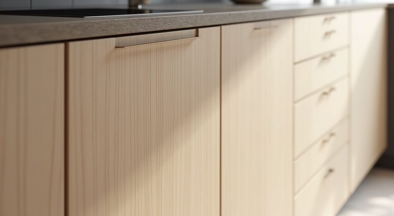 Close up of handleless flat pale oak cabinet fronts with J-pull channel in a Muji Japanese Singapore kitchen
