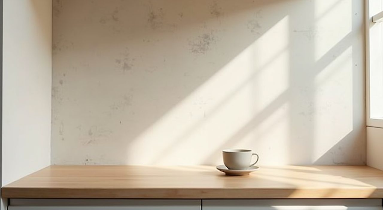 Warm wood breakfast ledge corner nook in a Muji Japanese Singapore kitchen