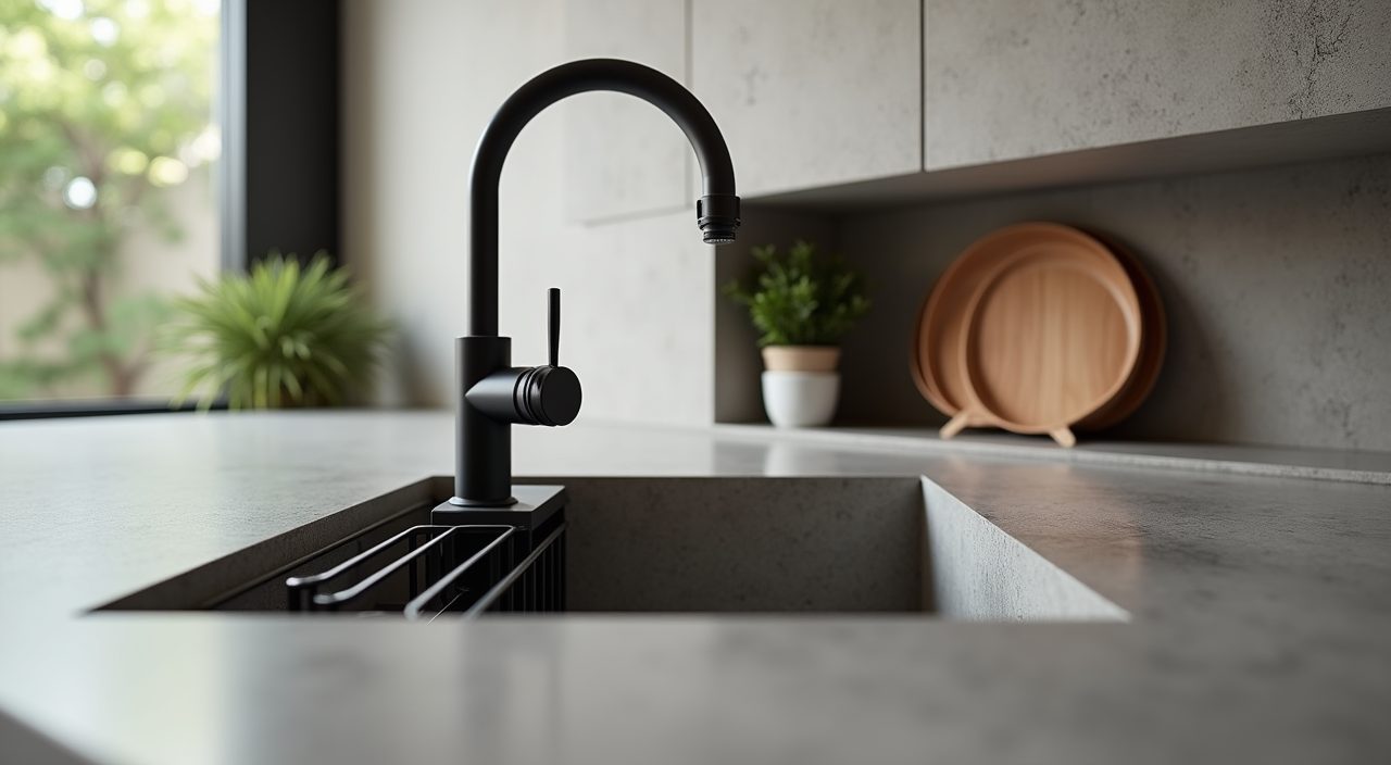 Undermount sink with matte black tap and recessed dish rack niche in a Muji Japanese Singapore kitchen