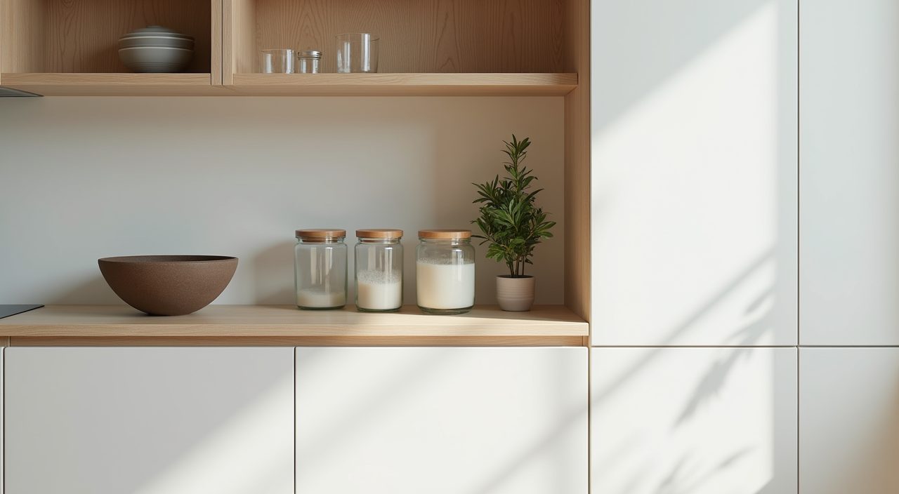 Pale oak open shelf with matched containers and a plant in a Muji Japanese Singapore kitchen