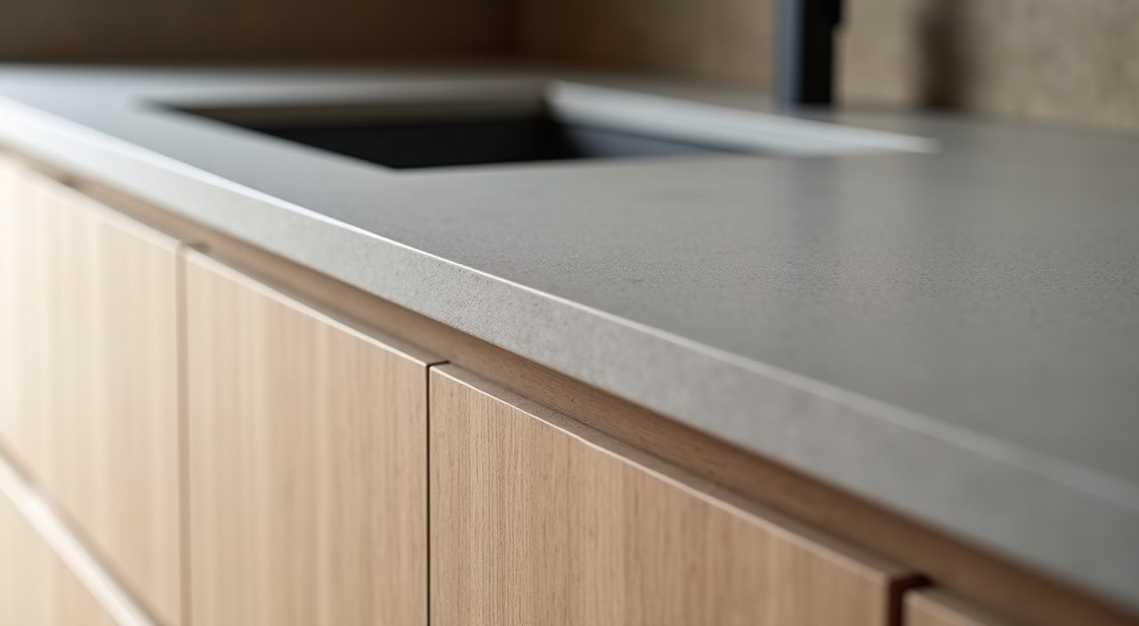 Honed warm grey quartz worktop detail in a Muji Japanese Singapore kitchen